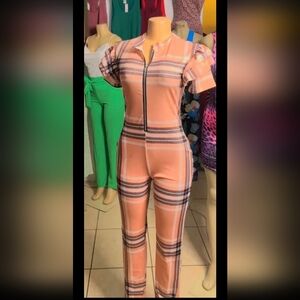 Elegant Peach Plaid Jumpsuit with Black Accents